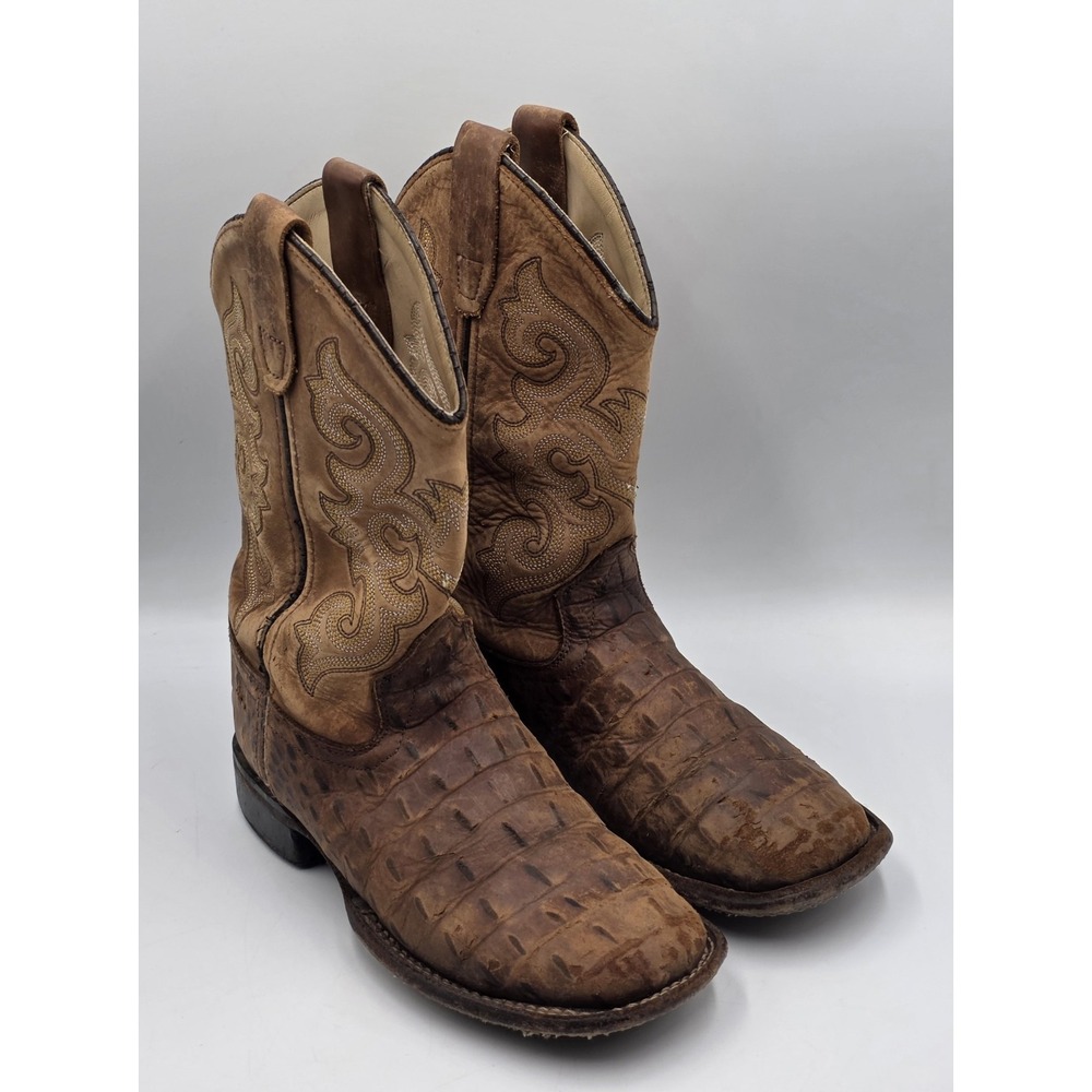 Old West BSC1830 Kids' Size 1D Brown Gator Print Square Toe Cowboy Boots